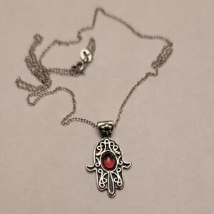 Sterling Silver Hamsa Necklace with Red Gem